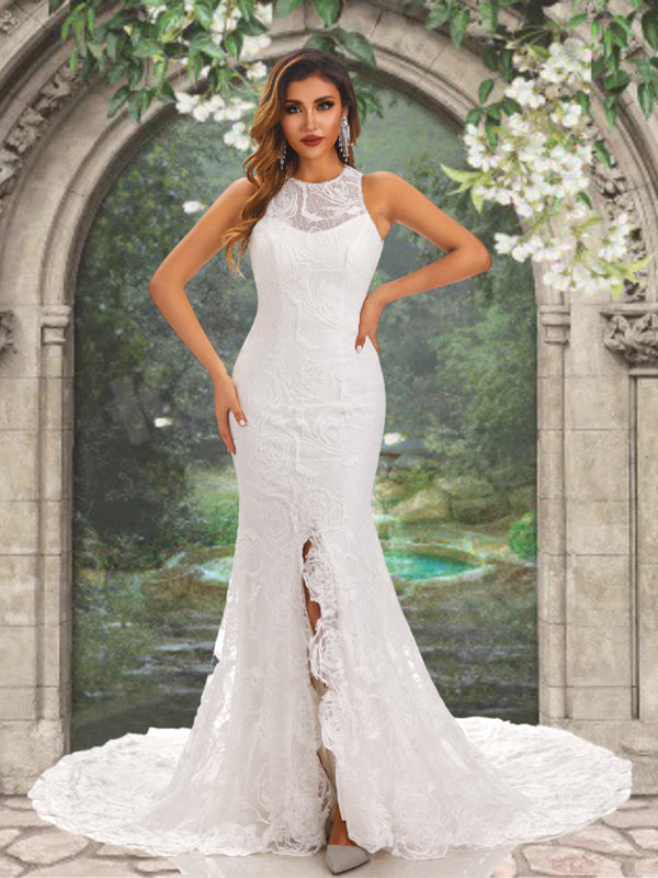 Halter Jewel Neck Lace Open Back Side-slit Mermaid Long Wedding Dress, SposaBridal Halter Jewel Neck Lace Open Back Side-slit Mermaid Long Wedding Dress, SposaBridal