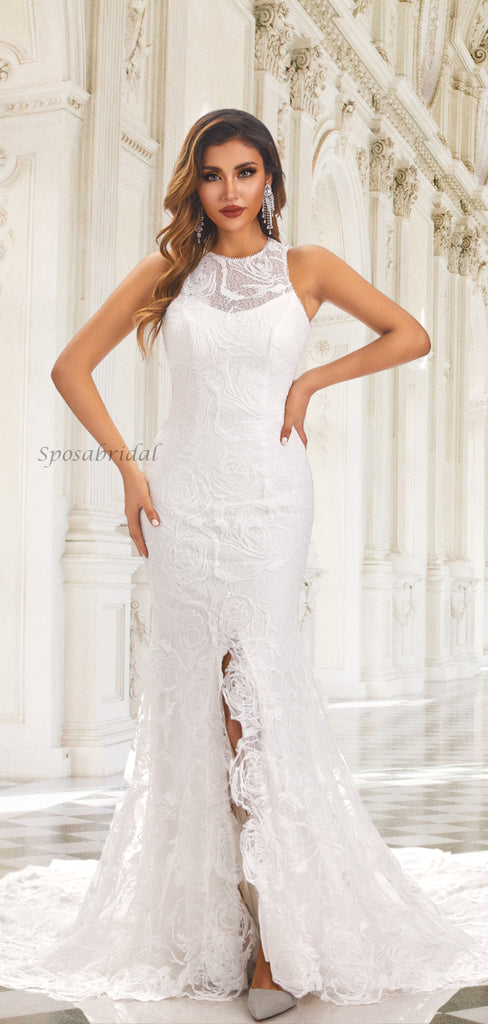 Halter Jewel Neck Lace Open Back Side-slit Mermaid Long Wedding Dress, WD3092