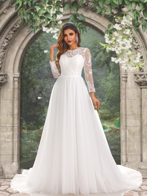 Illusion Lace Top Floral Long Sleeves Round Neck A-line Long Wedding D SposaBridal Illusion Lace Top Floral Long Sleeves Round Neck A-line Long Wedding D SposaBridal