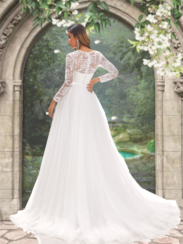 Illusion Lace Top Floral Long Sleeves Round Neck A-line Long Wedding D SposaBridal Illusion Lace Top Floral Long Sleeves Round Neck A-line Long Wedding D SposaBridal