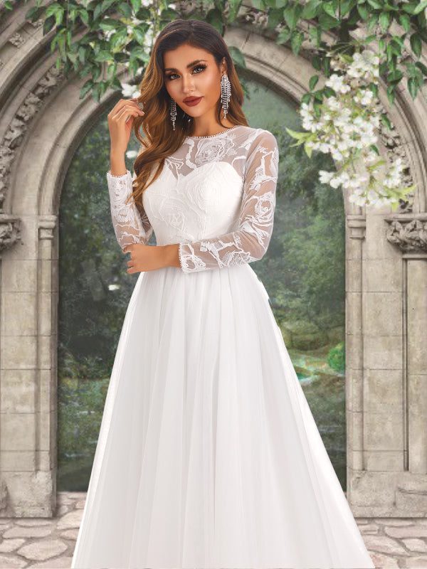 long sleeve illusion lace wedding dress Vintage Lace Illusion Neckline Bridal Gown