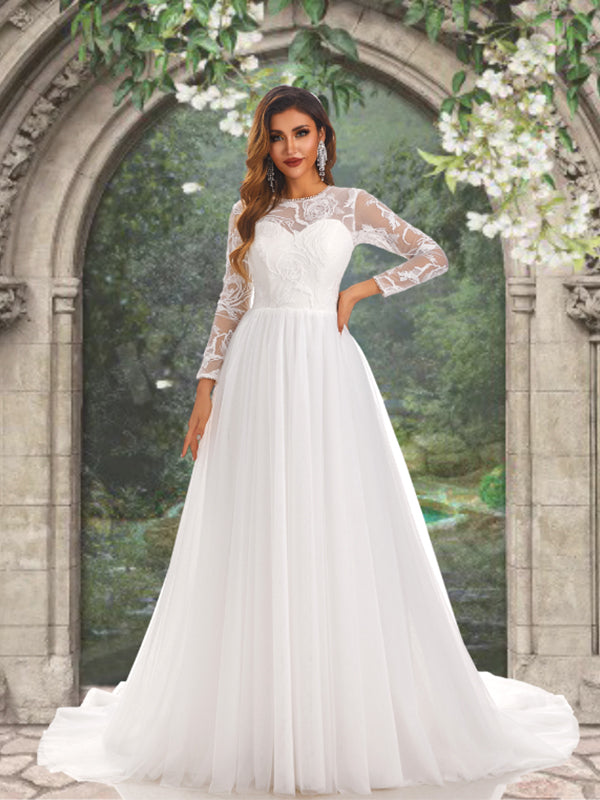 Illusion Lace Top Floral Long Sleeves Round Neck A-line Long Wedding D SposaBridal Illusion Lace Top Floral Long Sleeves Round Neck A-line Long Wedding D SposaBridal