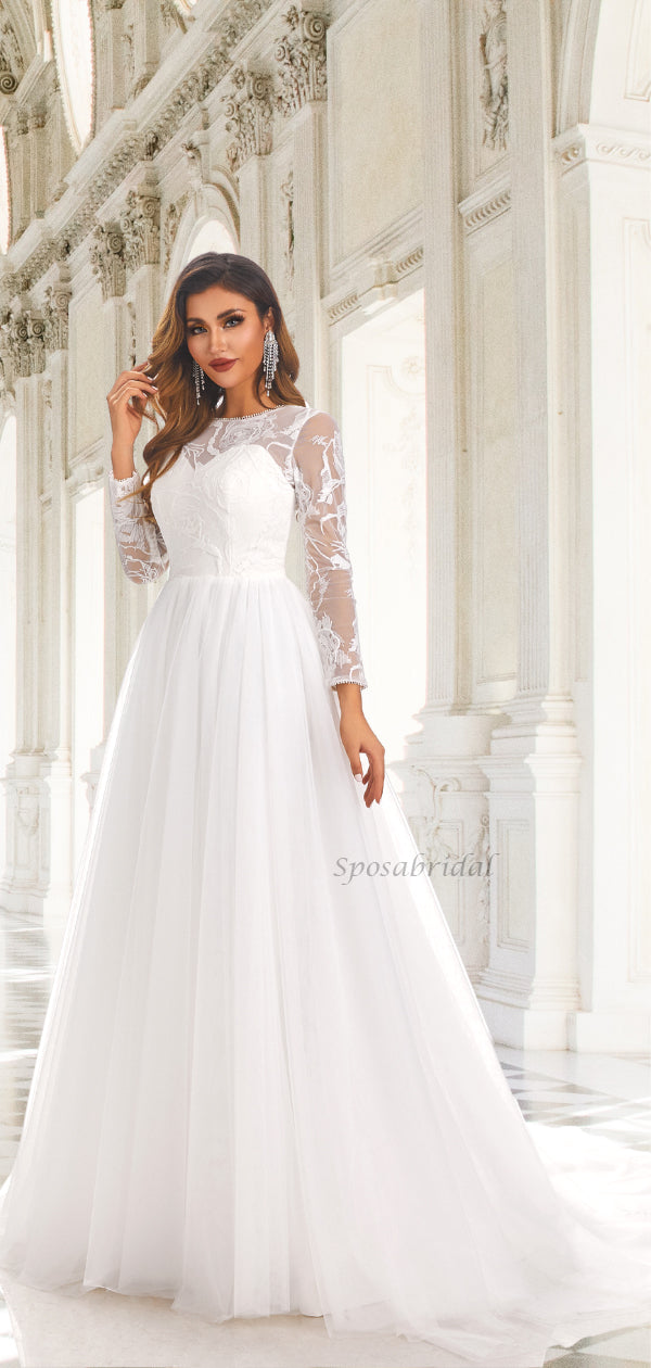 Illusion Lace Top Floral Long Sleeves Round Neck A-line Long Wedding D SposaBridal Illusion Lace Top Floral Long Sleeves Round Neck A-line Long Wedding D SposaBridal