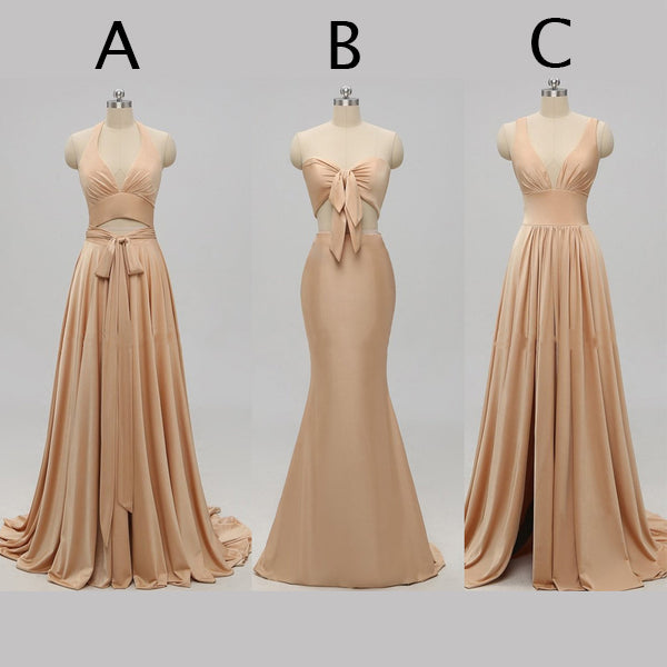 Elegant A-line Sexy V Neck Gold Long Modest Side-slit Bridesmaid Dress SposaBridal Elegant A-line Sexy V Neck Gold Long Modest Side-slit Bridesmaid Dress SposaBridal