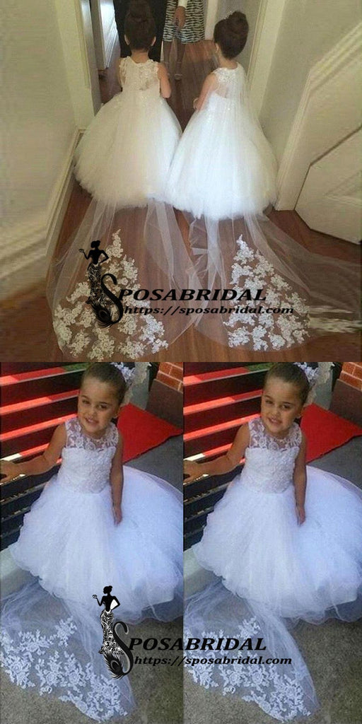 White Lace Cheap Cute Baby  Flower Girl Dresses with train, Soft Modern Junior Bridesmaid Dress , FG128