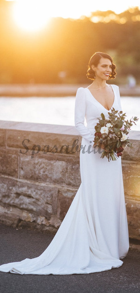 White Satin Long Sleeve V-neck With Train Simple Wedding Dresses WD370