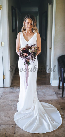 White Satin V-neck Sleeveless Mermaid With Train Wedding Dresses WD371