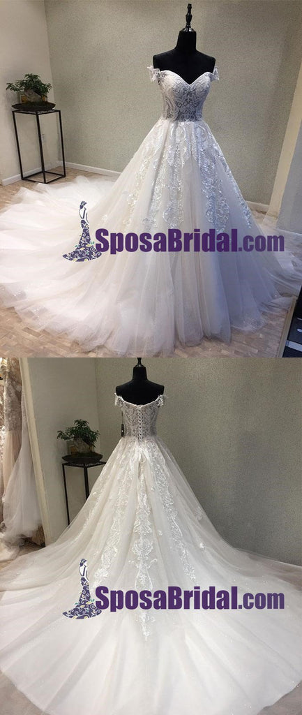 Off Shoulder Lace Up Back Long Tulle and lace Wedding Dresses with train, Elegant Pretty Bridal Gowns. WD0267