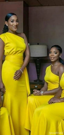 Bright Yellow One-shoulder Simple Mermaid Long Bridesmaid Dresses, WG929