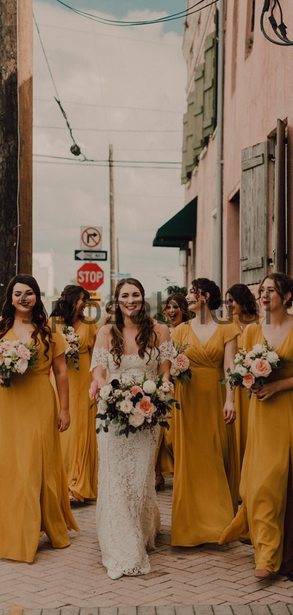 Yellow Cap Sleeves V-Neck Simple Unique Popular Bridesmaid Dresses WG6 SposaBridal Yellow Cap Sleeves V-Neck Simple Unique Popular Bridesmaid Dresses WG6 SposaBridal
