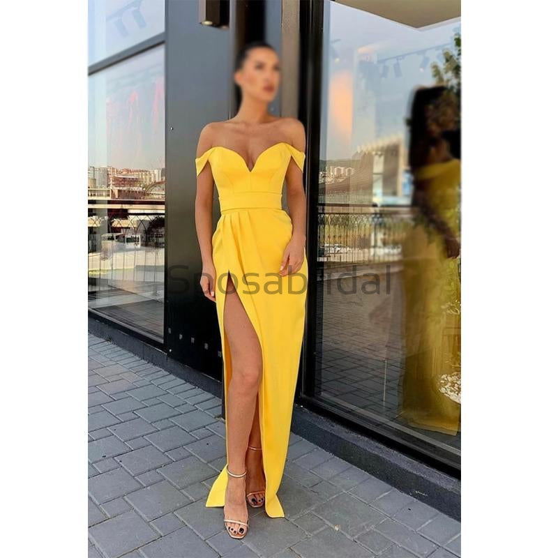 Yellow Cheap Modest Off The Shoulder Mermaid Side Slit Fashion Long Prom Dresses PD1686