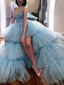 Sparkly Baby Blue Spaghett Strap High-low Pleated Long Prom Dress, PD3130