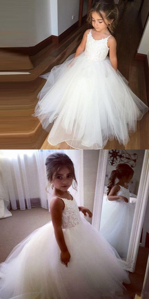 Spaghetti Lace Top White Tulle Hot Sale A-line Flower Girl Dresses, FG005