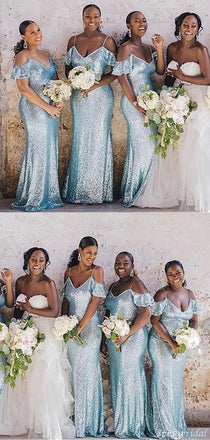 Baby Blue Sparkly Spaghetti Strap V-neck Off-shoulder Mermaid Long Bridesmaid Dress, BD3085