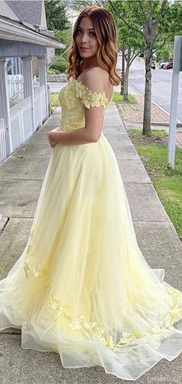 baby yellow formal dress A-Line Round Neck Yellow Tulle Lace Prom Dress Formal Dress TP0964