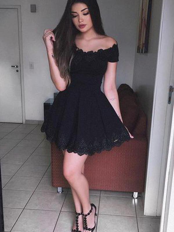 Off Shoulder Black Lace Simple Cheap Short Homecoming Dresses 2018, Li –  SposaBridal