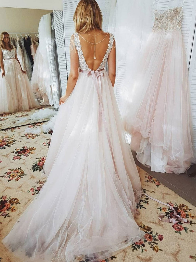Sexy Blush Backless Lace Top A-line Cheap Wedding Dresses Online, WD337