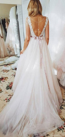 Sexy Blush Backless Lace Top A-line Cheap Wedding Dresses Online, WD337