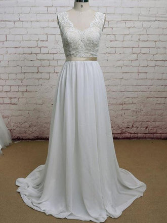Backless V Neck Cap Sleeve Lace Simple Cheap Beach Wedding Dresses, WD323 - SposaBridal