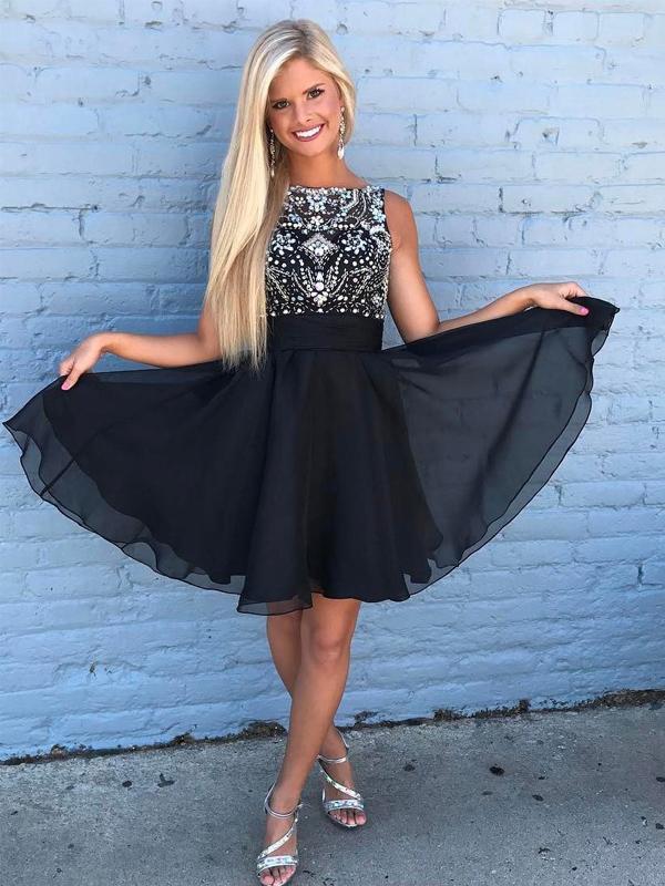 Cute Rhinestone Beaded Chiffon Short Black Homecoming Dresses, CM492