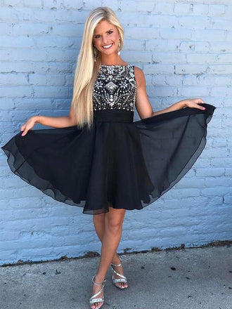 Cute Rhinestone Beaded Chiffon Short Black Homecoming Dresses, CM492