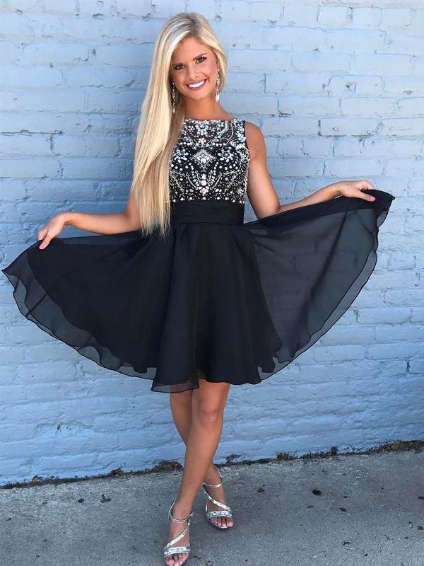 Cute Rhinestone Beaded Chiffon Short Black Homecoming Dresses, CM492 SposaBridal Cute Rhinestone Beaded Chiffon Short Black Homecoming Dresses, CM492 SposaBridal