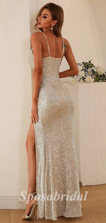 Sexy Sequin Spaghetti Straps V-Neck Sleeveless Side Slit Mermaid Long Prom Dresses, PD3588