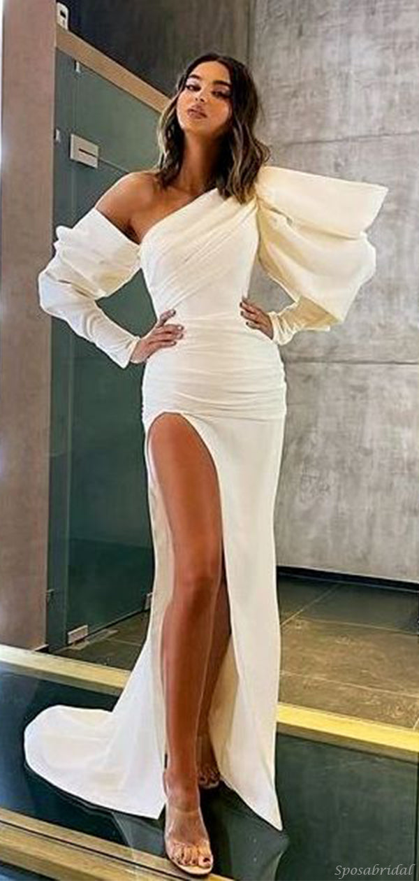 Beige One-shoulder Long Sleeves Side-slit Long Mermaid Prom Dress, PD3 SposaBridal Beige One-shoulder Long Sleeves Side-slit Long Mermaid Prom Dress, PD3 SposaBridal