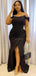 Black Sexy Simple Off-shoulder Pleats Side-slit Mermaid Long Bridesmaid Dresses, BD3279