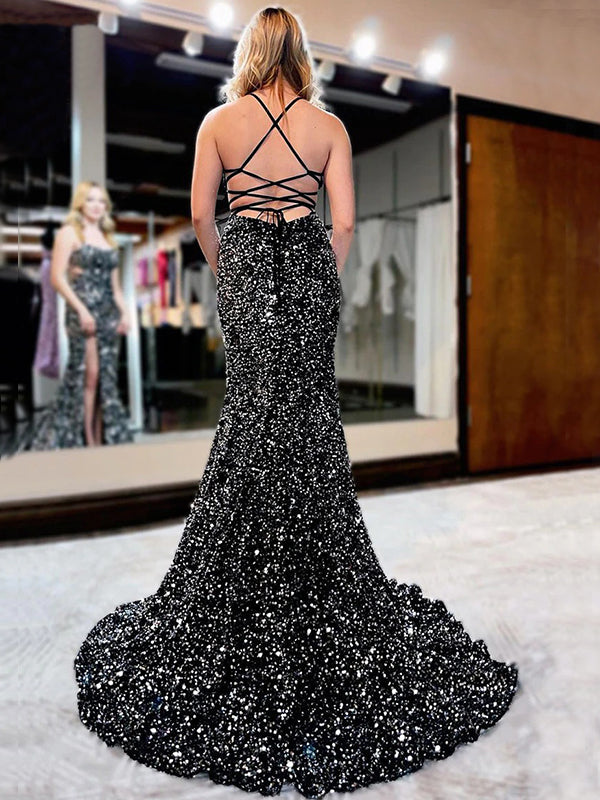 Black Sparkly Sequin Halter Side-slit Mermaid Long Prom Dress, PD3535