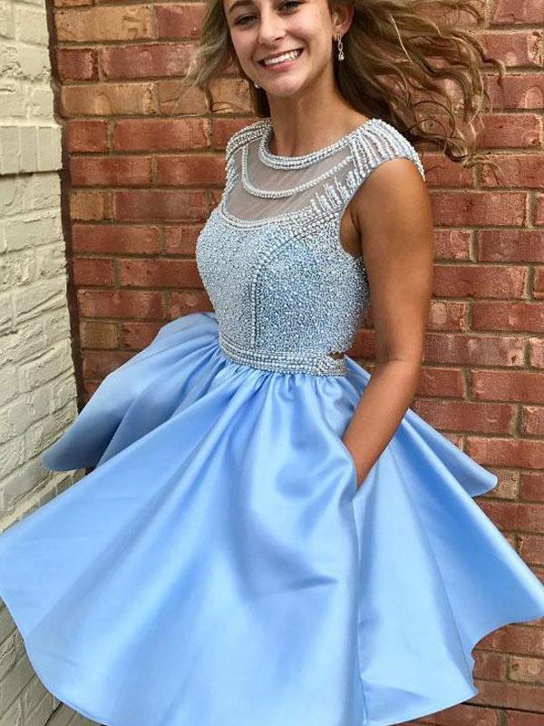 Light Blue Cap Sleeve Heavily Beaded Bateau Cute Homecoming Dresses 2018, CM472 SposaBridal Light Blue Cap Sleeve Heavily Beaded Bateau Cute Homecoming Dresses 2018, CM472 SposaBridal