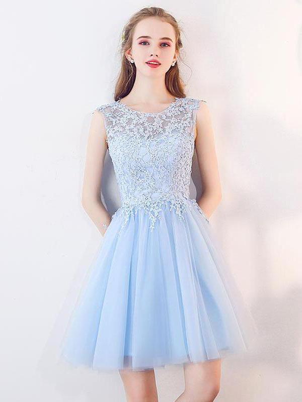 Cute Blue Illusion Lace Cheap Short Homecoming Dresses Online, CM537 SposaBridal Cute Blue Illusion Lace Cheap Short Homecoming Dresses Online, CM537 SposaBridal