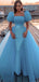 Blue Bubble Sleeves Spoon Neck Mermaid Sequin Detachable Long Prom Dress, PD3245