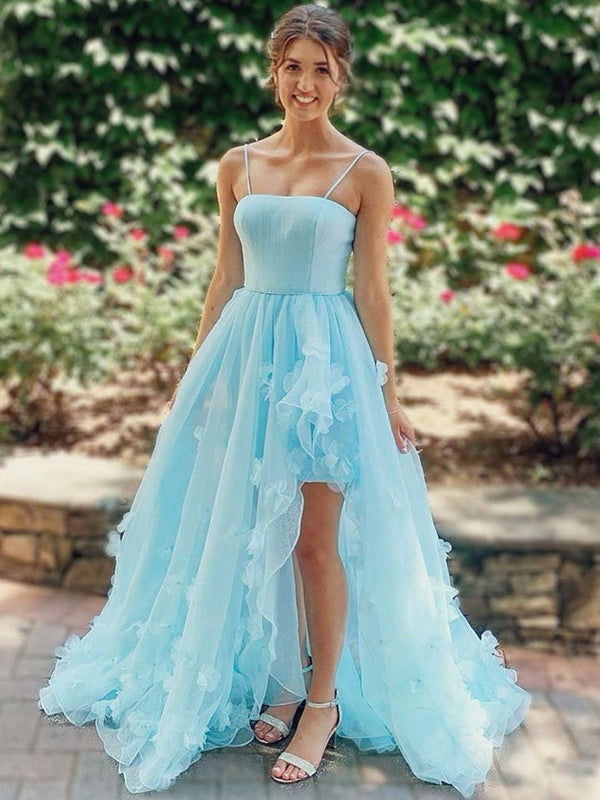 Blue Floral Spaghetti Straps Straight-across High-low Side-slit Long P SposaBridal Blue Floral Spaghetti Straps Straight-across High-low Side-slit Long P SposaBridal