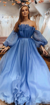 Blue Off-shoulder Elegant Ruffle Top Bubble Sleeves A-line Long Prom Dress, PD3295