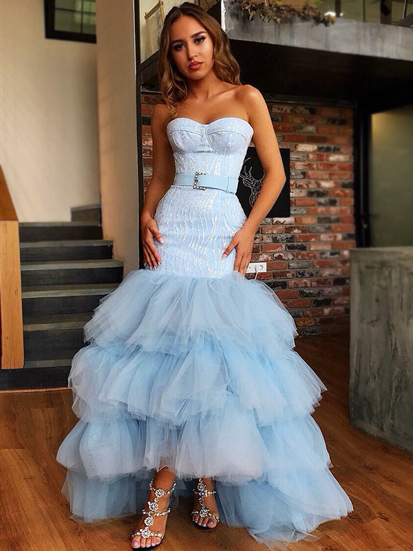 Blue Sexy Strapless Sweetheart Lace Top Tulle Asymmetric Mermaid Long Prom Dress, PD3465