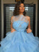 Blue Strapless Beading A-line Ruffle Cup Cake Prom Dress, PD3380