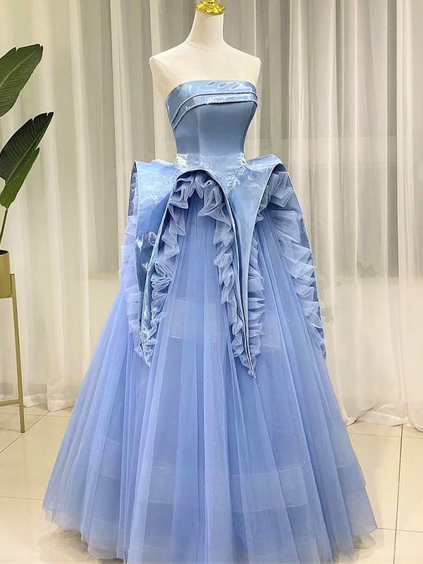 Blue Strapless Straight-across Unique Ruffles A-line Tulle Long Prom Dress, PD3359