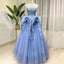 Blue Strapless Straight-across Unique Ruffles A-line Tulle Long Prom Dress, PD3359