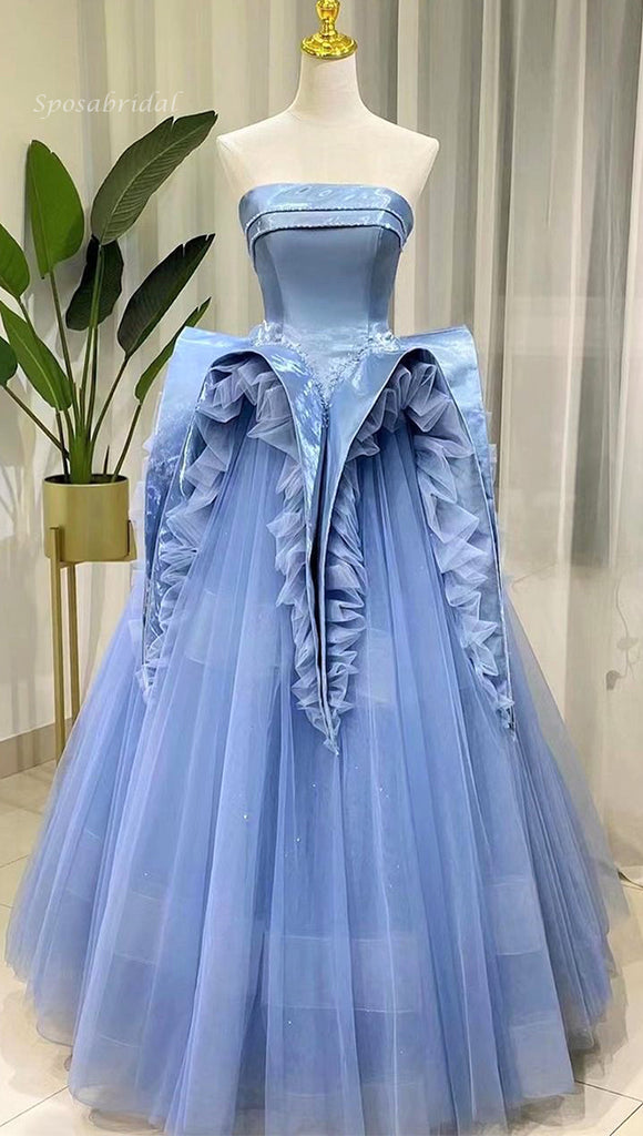Blue Strapless Straight-across Unique Ruffles A-line Tulle Long Prom Dress, PD3359