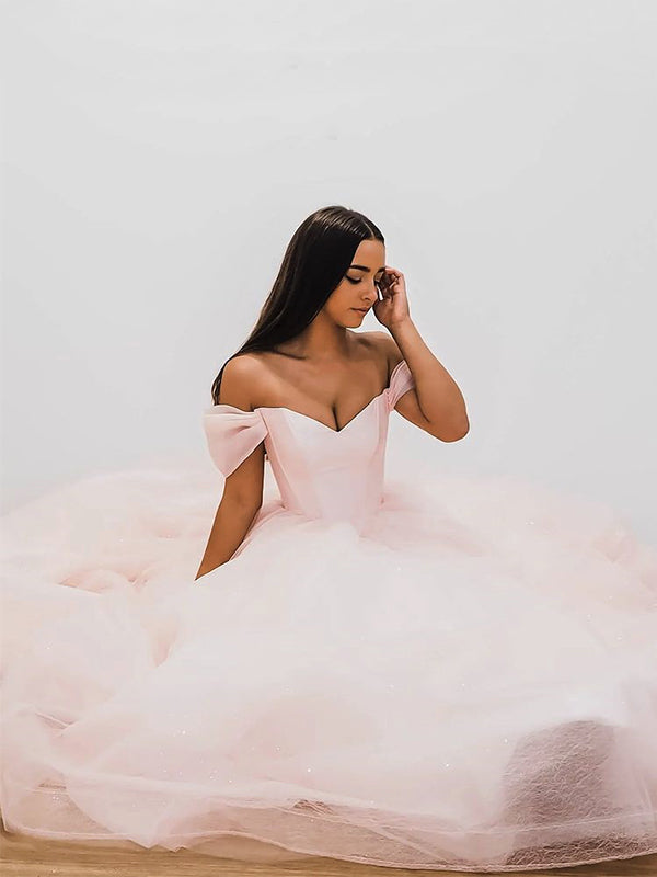 Blush Pink Off-shoulder V-neck Lace-up Back A-line Long Prom Dress, PD SposaBridal Blush Pink Off-shoulder V-neck Lace-up Back A-line Long Prom Dress, PD SposaBridal