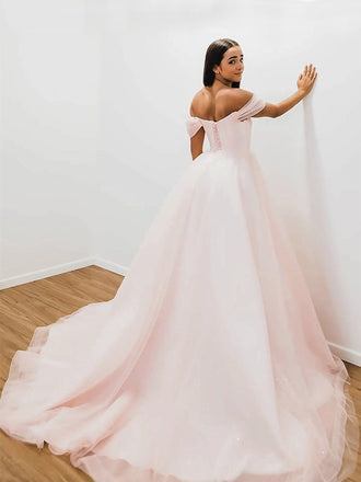 Blush Pink Off-shoulder V-neck Lace-up Back A-line Long Prom Dress, PD3474