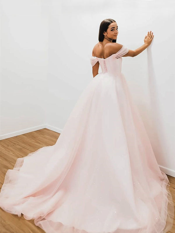 Blush Pink Off-shoulder V-neck Lace-up Back A-line Long Prom Dress, PD SposaBridal Blush Pink Off-shoulder V-neck Lace-up Back A-line Long Prom Dress, PD SposaBridal