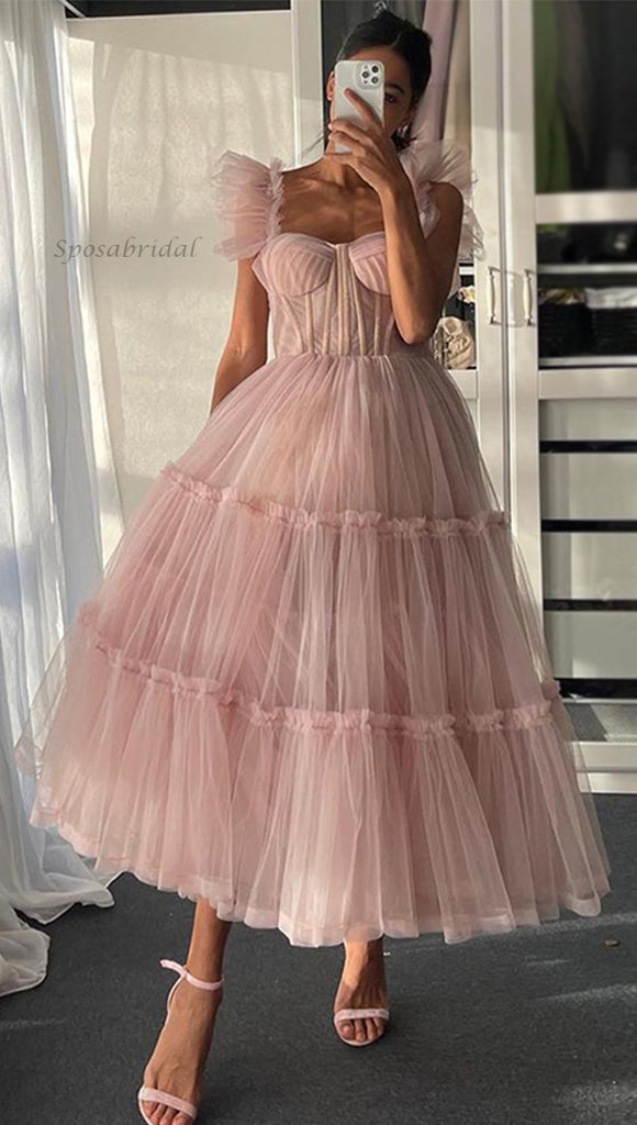 Blush Pink Ruffle Straps A-line Tea-length Tulle Prom Dress, Princess Gown, PD3332