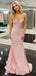 Blush Pink Spaghetti Straps Open Back V-neck Simple Mermaid Prom Dress, PD3476