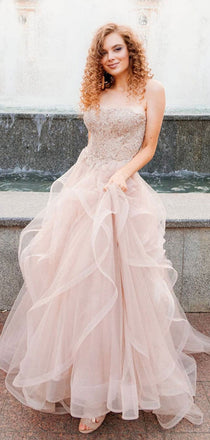 Blush Pink Straight Across Lace Top A-line Tulle Asymmetric Long Prom Dresses, PD3458