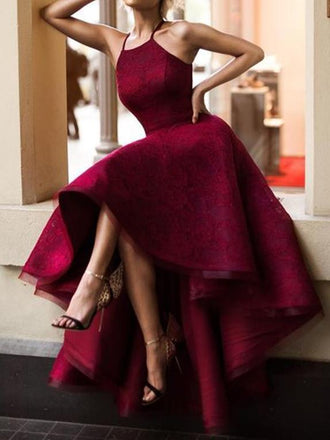 Halter Elegant High-low Burgundy Red Lace Homecoming Dresses, CM511
