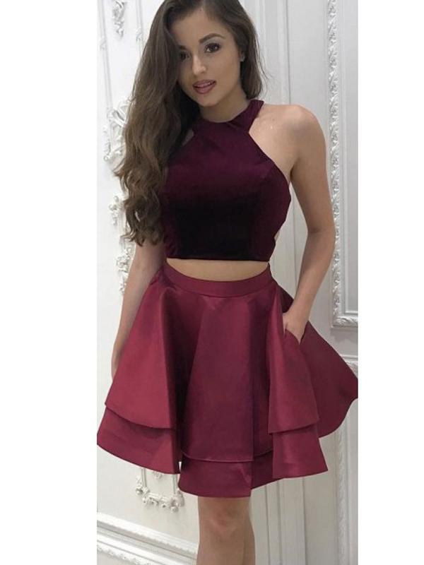 Sexy Two Pieces Simple Cheap Halter Dark Red Short Homecoming Dresses SposaBridal Sexy Two Pieces Simple Cheap Halter Dark Red Short Homecoming Dresses SposaBridal