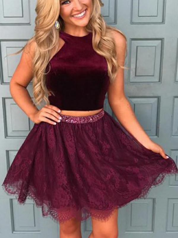 Halter Two Piece Red Lace Cheap Homecoming Dresses 2018, CM413