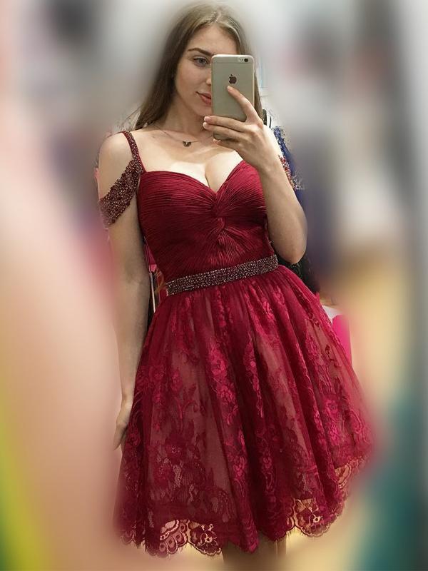 Off Shoulder Cute Short Lace Dark Red Homecoming Dresses 2018, CM476 SposaBridal Off Shoulder Cute Short Lace Dark Red Homecoming Dresses 2018, CM476 SposaBridal